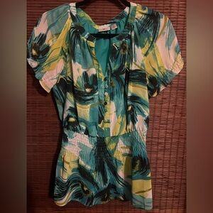 MINT WORTHINGTON Vibrant Medium Green and Yellow Patterned PEPLUM TOP